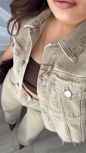 Bej Haki Yıkamalı Denim Crop Ceket