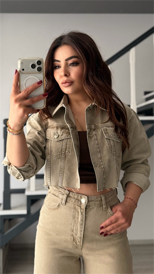 Bej Haki Yıkamalı Denim Crop Ceket