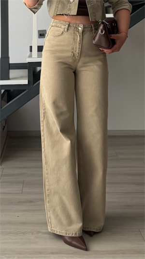 Bej Haki Yıkamalı Wide Leg Jean