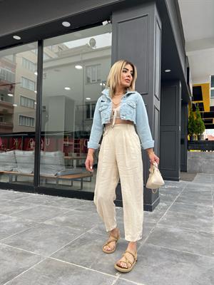 Bej Ham Keten Paça Düğmeli Pantolon