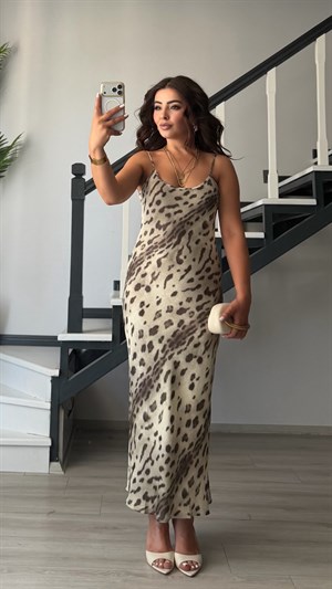 Beige-Brown Patterned Satin Dress with Adjustable Straps