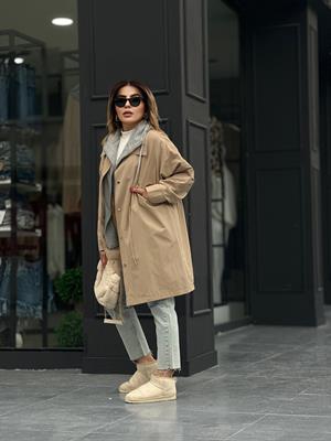 Beige Hooded Zip-Up Trench Coat