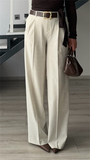 Beige Belted Tailored Trousers