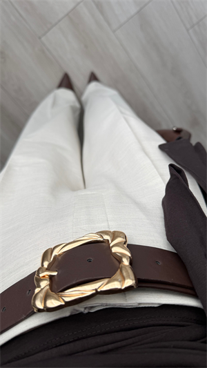 Beige Belted Tailored Trousers