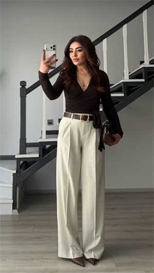 Beige Belted Tailored Trousers