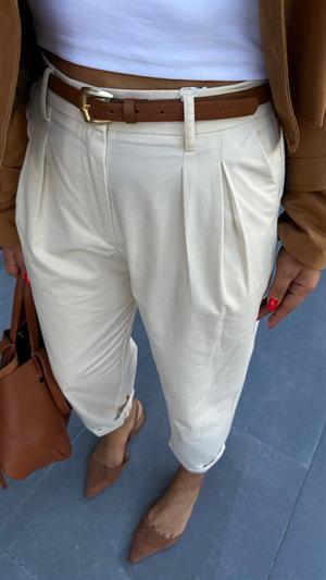 Bej Kendinden Kemerli Pantolon