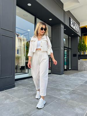 Bej Keten  Crop Ceket-Pantolon 2li Takım