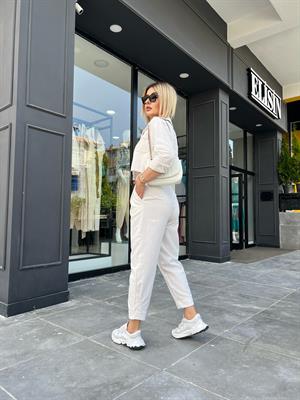 Bej Keten  Crop Ceket-Pantolon 2li Takım