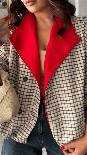 Beige Plaid Jacket with Red Collar Detail