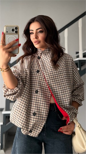 Beige Plaid Jacket with Red Collar Detail