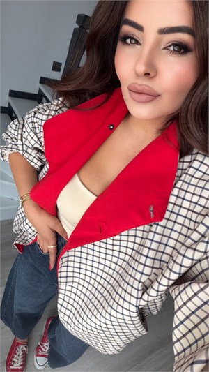Beige Plaid Jacket with Red Collar Detail