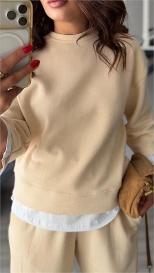 Beige Contrast T-Shirt Detailed Knit Set