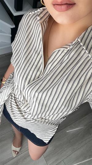 Beige and Navy Striped Linen Shirt with Tie Detail