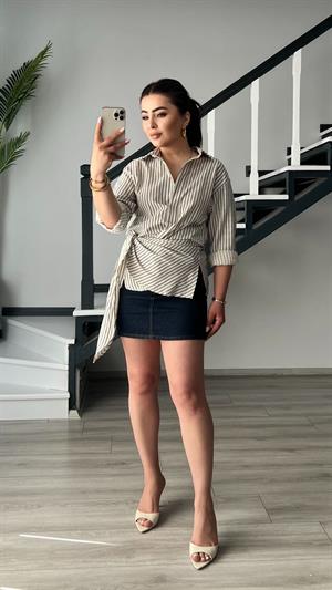 Beige and Navy Striped Linen Shirt with Tie Detail
