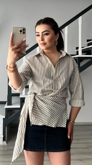 Beige and Navy Striped Linen Shirt with Tie Detail