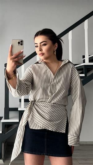 Beige and Navy Striped Linen Shirt with Tie Detail
