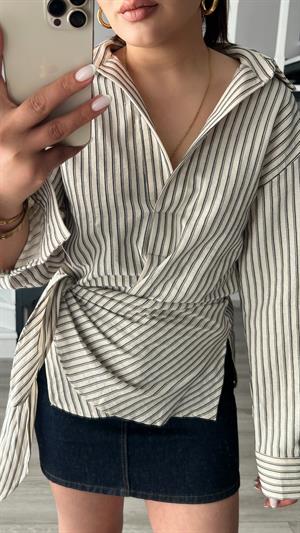 Beige and Navy Striped Linen Shirt with Tie Detail