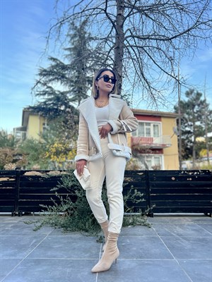 Bej Nubuk Kürklü Biker Mont