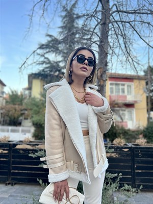 Bej Nubuk Kürklü Biker Mont
