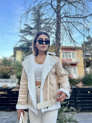 Bej Nubuk Kürklü Biker Mont