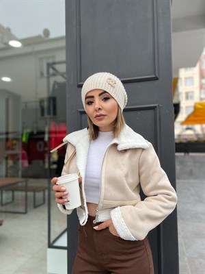 Bej Nubuk Kürklü Kısa Mont