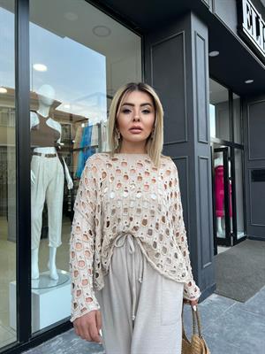 Bej Salaş Delikli Triko Bluz