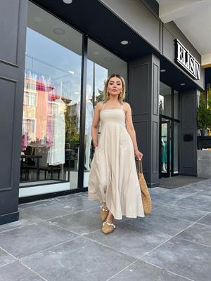Bej Sırtı Çapraz Cepli Keten Elbise
