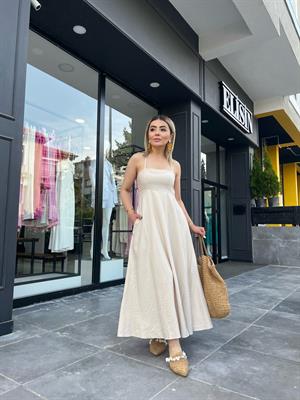 Bej Sırtı Çapraz Cepli Keten Elbise