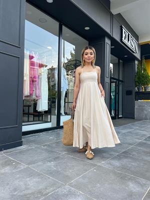 Bej Sırtı Çapraz Cepli Keten Elbise