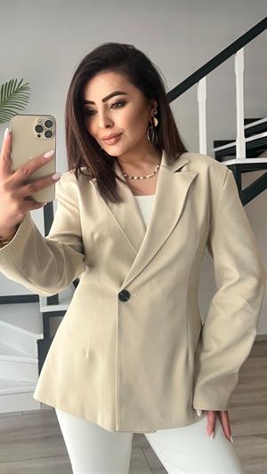 Bej Volanlı Bel Oturtmalı Blazer Ceket