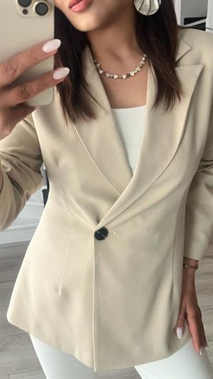 Bej Volanlı Bel Oturtmalı Blazer Ceket