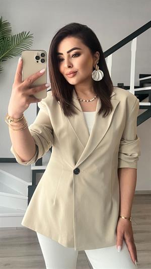 Bej Volanlı Bel Oturtmalı Blazer Ceket