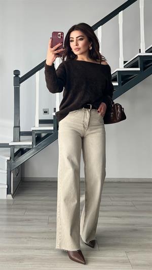 Bej Yıkamalı Wide Leg Jean