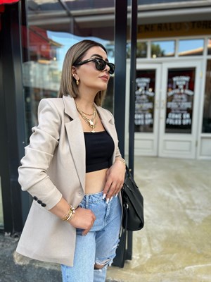 Bej Yün Efekt Blazer Ceket