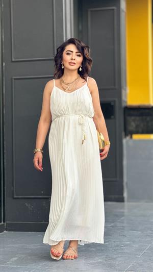 White Strappy Pleated Dress