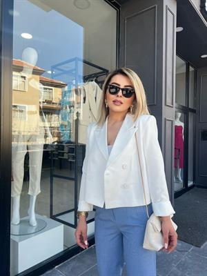 Beyaz Atlas Kumaş Crop Blazer