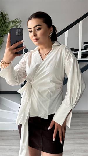 Beyaz Bağlama Detaylı Poplin Gömlek 