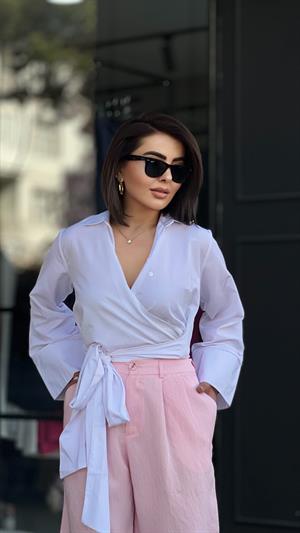 White Poplin Shirt with Belt Detail