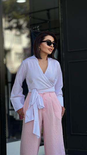 White Poplin Shirt with Belt Detail