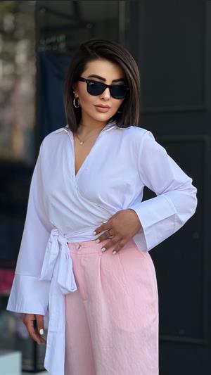 White Poplin Shirt with Belt Detail