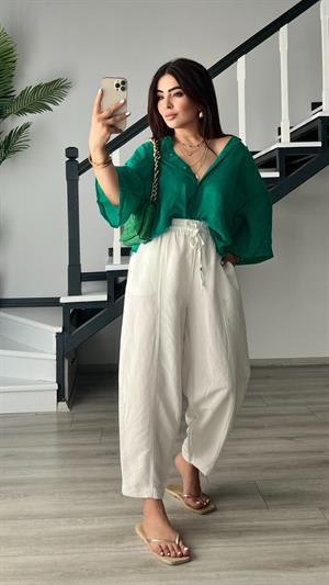 Beyaz Beli Lastikli Keten Pantolon