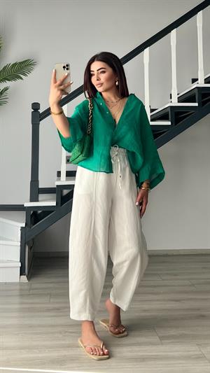 Beyaz Beli Lastikli Keten Pantolon