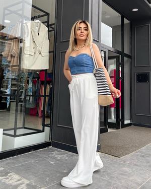 Beyaz Beli Lastikli Tensel Kumaş Palazzo Pantolon