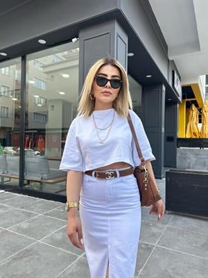 Beyaz Bisiklet Yaka Crop Tshirt