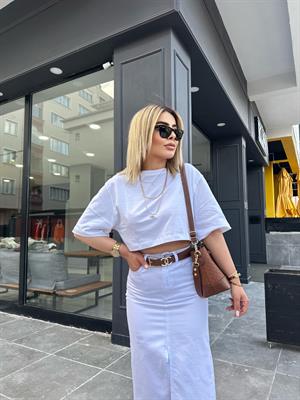 Beyaz Bisiklet Yaka Crop Tshirt