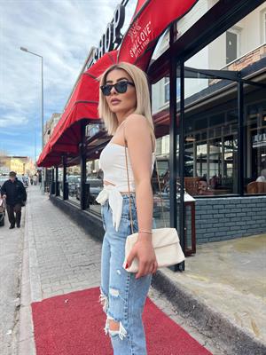 Beyaz Çiftkat Kumaş Likralı Bağlamalı Bluz