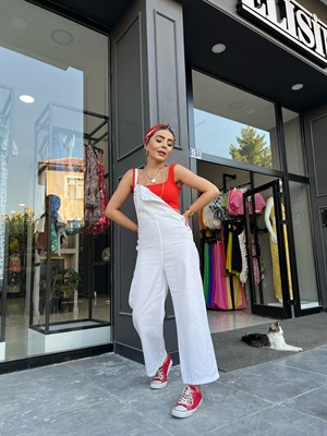 White Snap Button Denim Jumpsuit