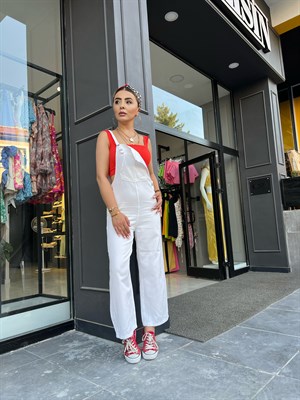 White Snap Button Denim Jumpsuit
