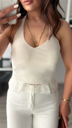 White Lace V-Neck Halter Knit Blouse