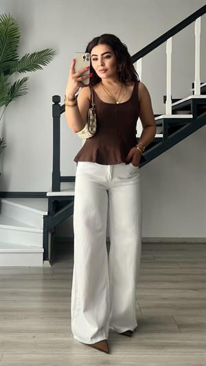 Beyaz Dökümlü Kumaş Geniş Jean